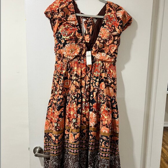 Anthropologie Floral Midi Dress - Orange and Brown - Picture 8 of 12